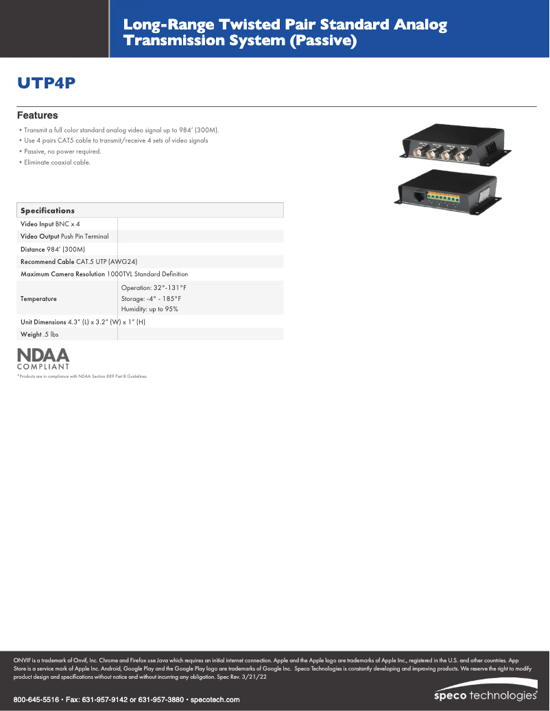 Page n°1 - Fiche technique Speco Technologies UTP4P