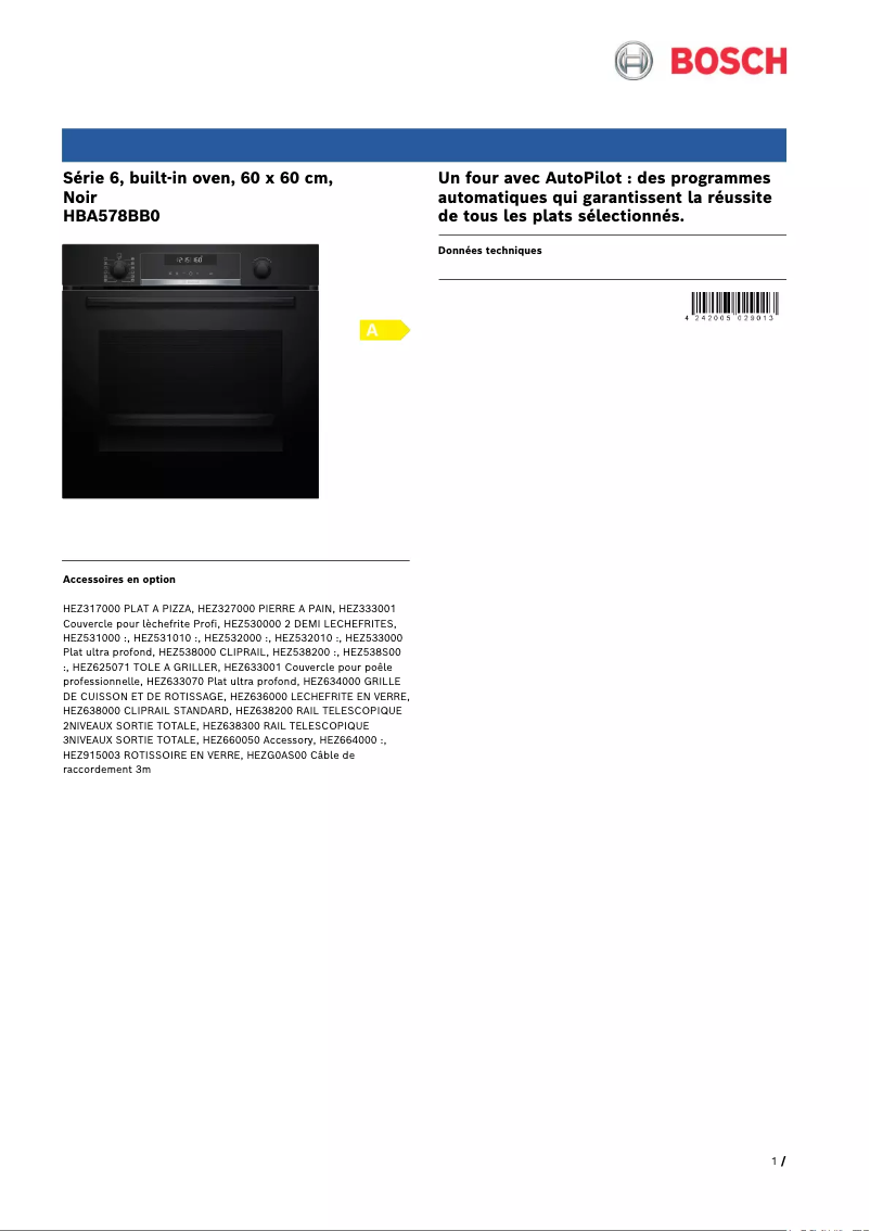 Page 1 de la notice Fiche technique Bosch HBA578BB0