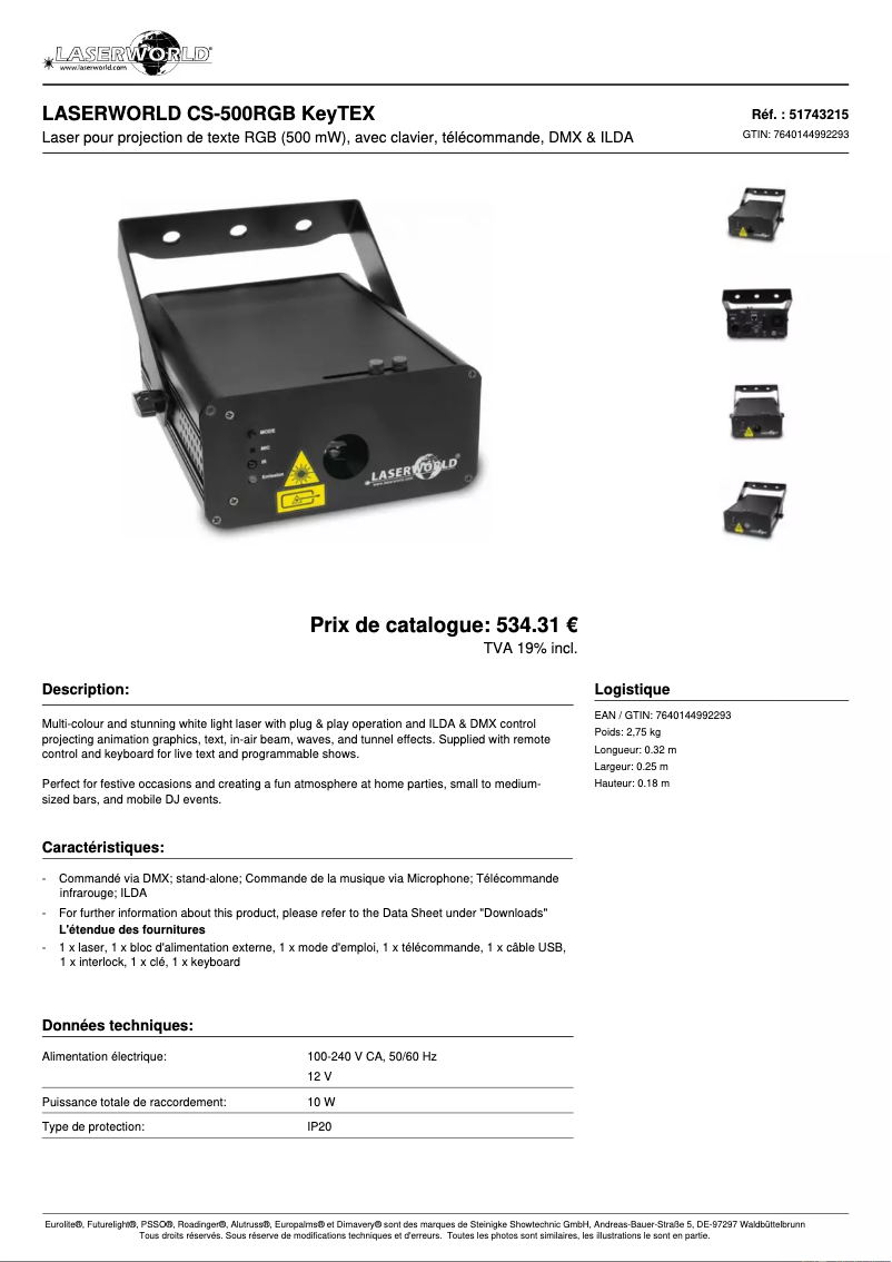 Página 1 del manual Ficha técnica Laserworld CS-500RGB KeyTEX