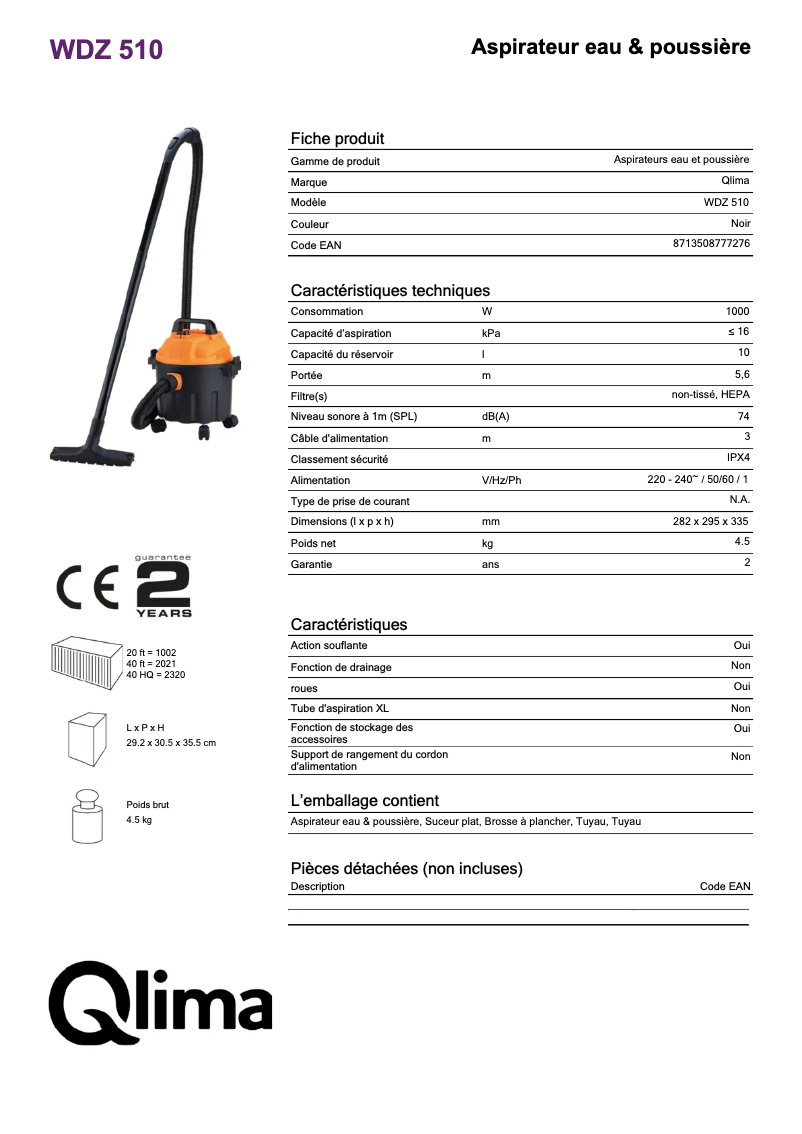 Page 1 de la notice Fiche technique Qlima WDZ 510