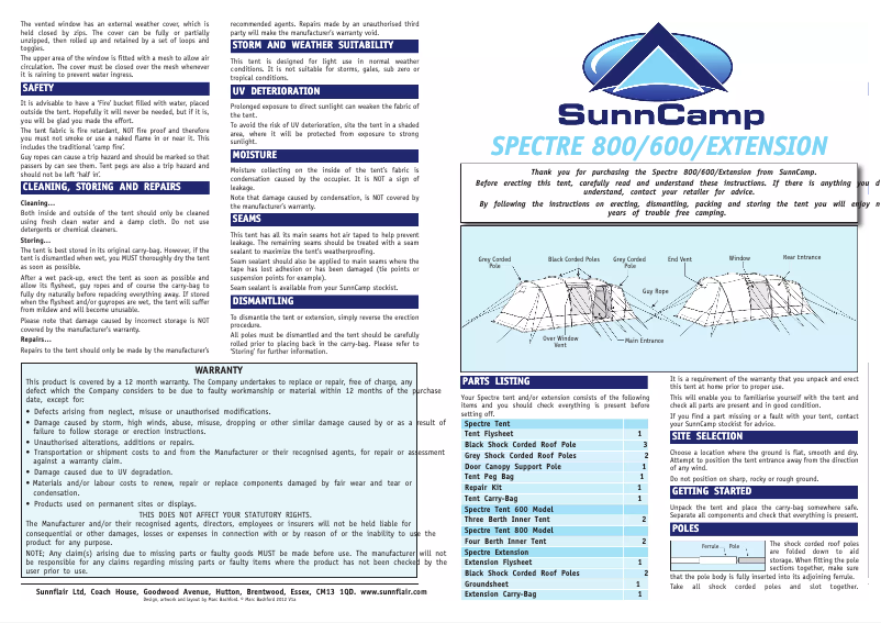 Page 1 de la notice Manuel utilisateur SunnCamp Spectre 800