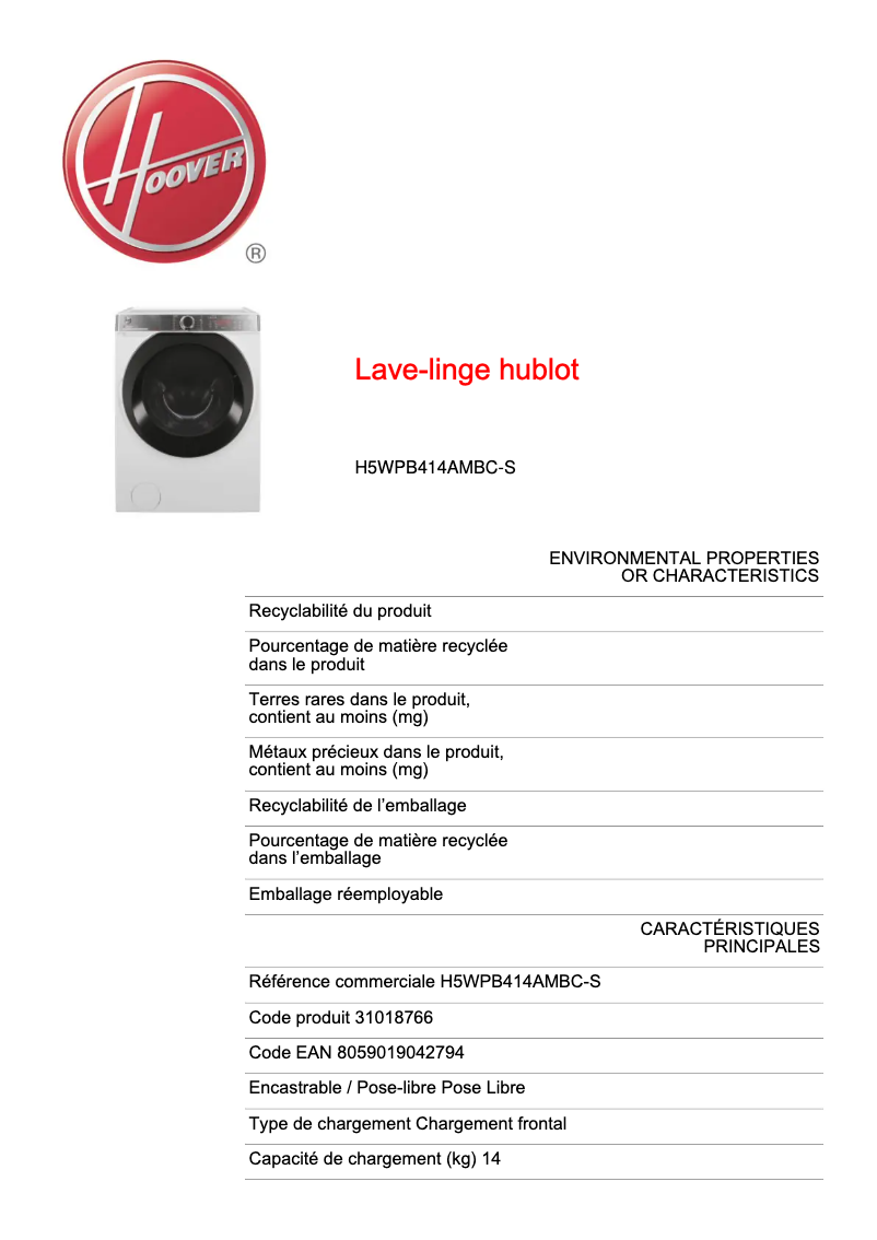 Image de la première page du manuel de l'appareil H5WPB414AMBC-S