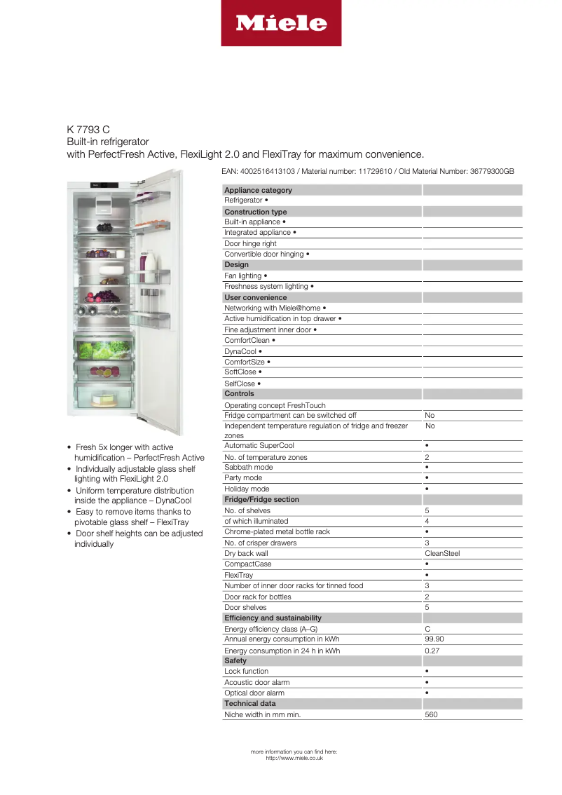 Page 1 de la notice Fiche technique Miele K 7793 C
