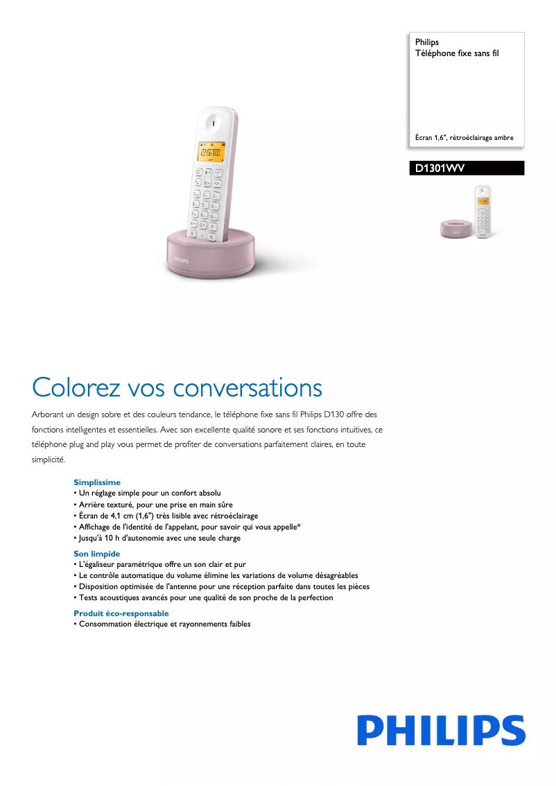 Page 1 of the manual Technical Sheet Philips D1301WV