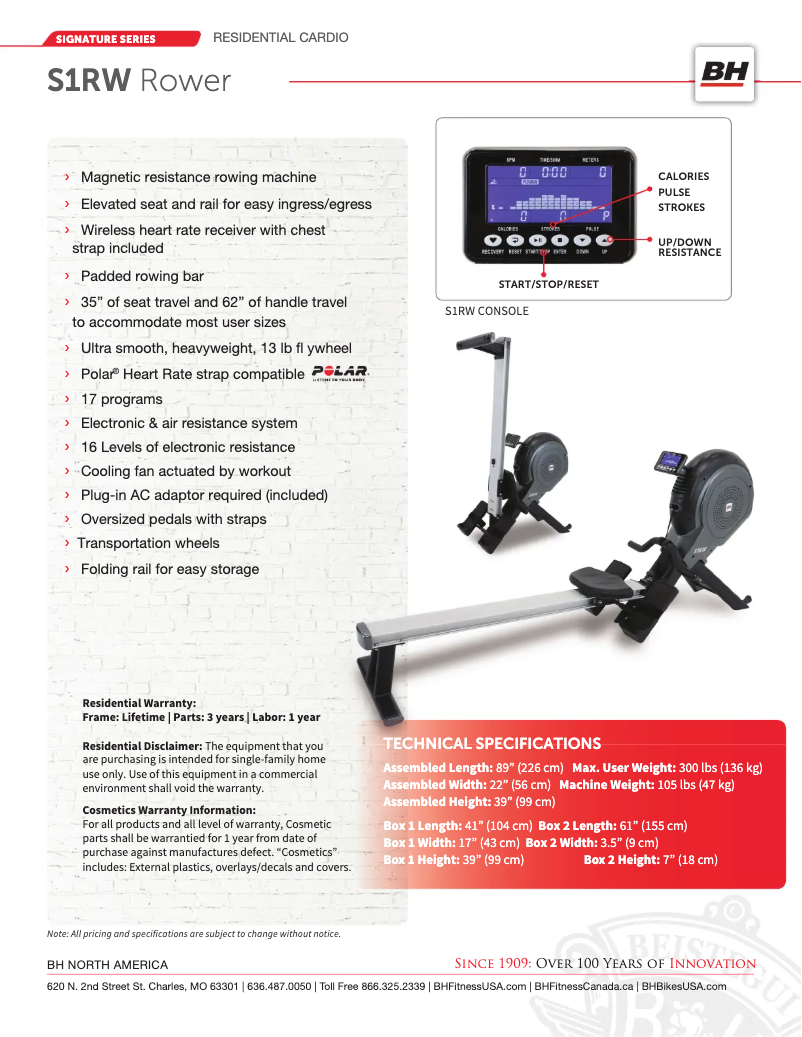 Page 1 de la notice Fiche technique BH Fitness S1RW