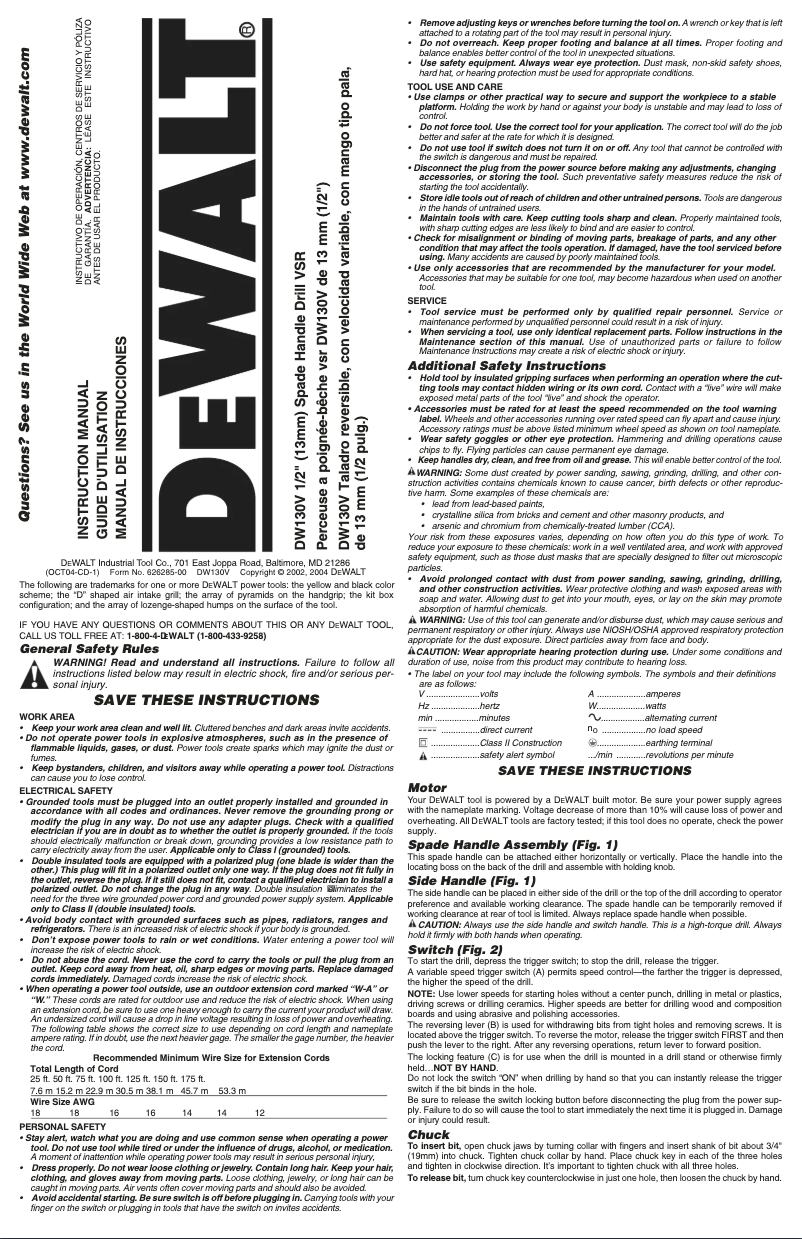 Page 1 de la notice Manuel utilisateur DeWalt DW130VK
