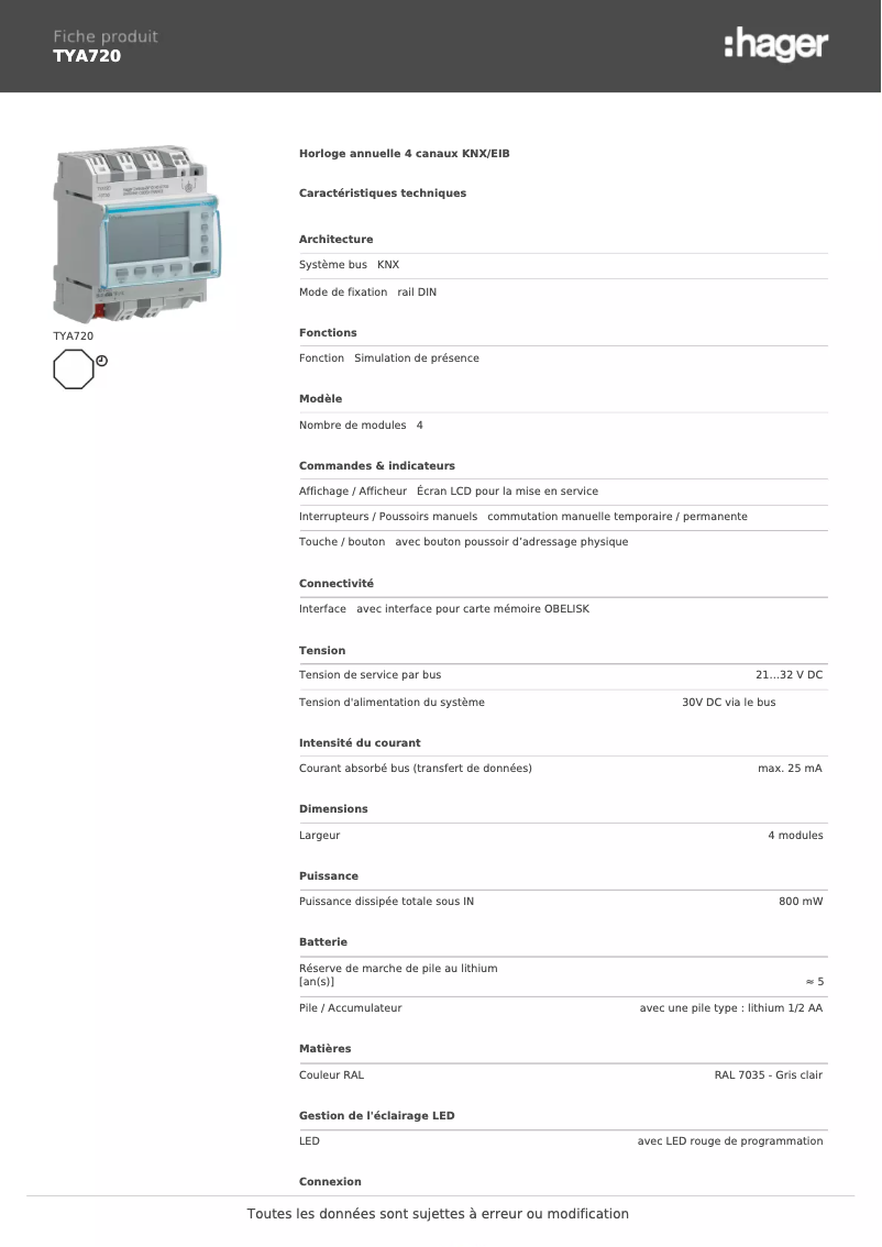 Page 1 de la notice Fiche technique Hager TYA720