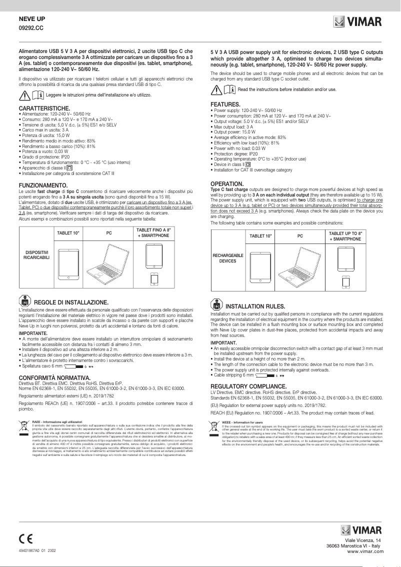 Page n°1 - Manuel utilisateur Vimar 09292.CC