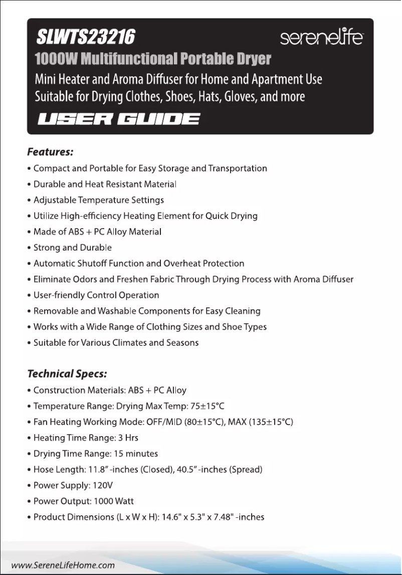 Page 1 de la notice Manuel utilisateur SereneLife SLWTS23216