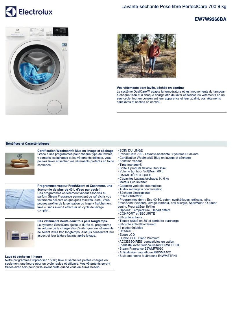 Page 1 de la notice Fiche technique Electrolux EW7W9266BA