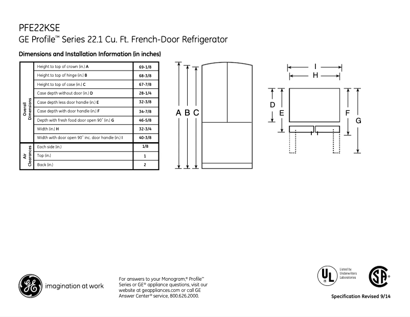 Page n°1 - Fiche technique GE Profile PFE22KSESS