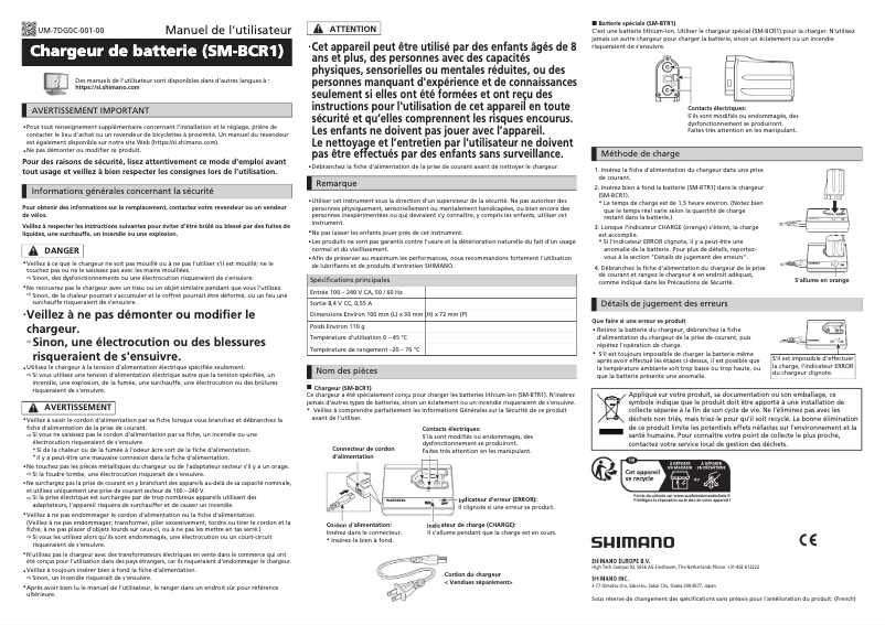 Page n°1 - Manuel utilisateur Shimano SM-BCR1