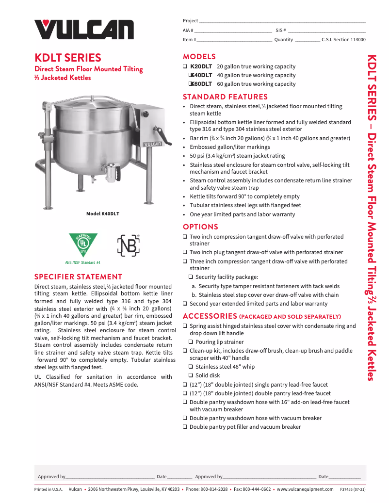 Page 1 de la notice Fiche technique Vulcan K20DLT