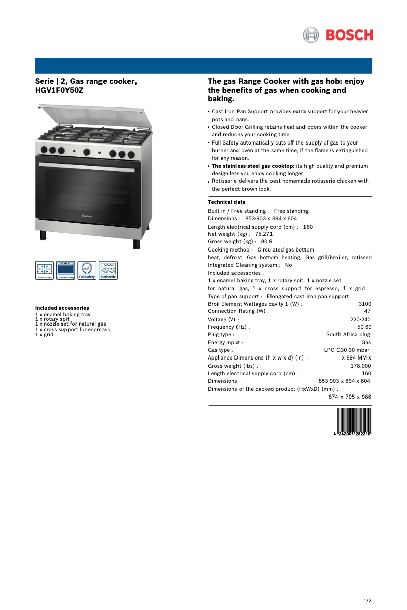 Page 1 de la notice Fiche technique Bosch HGV1F0Y50Z