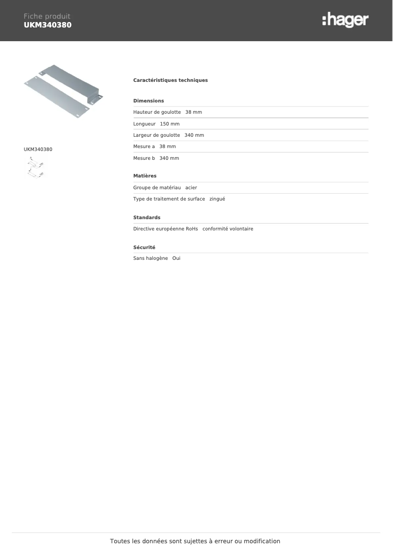 Page 1 de la notice Fiche technique Hager UKM340380