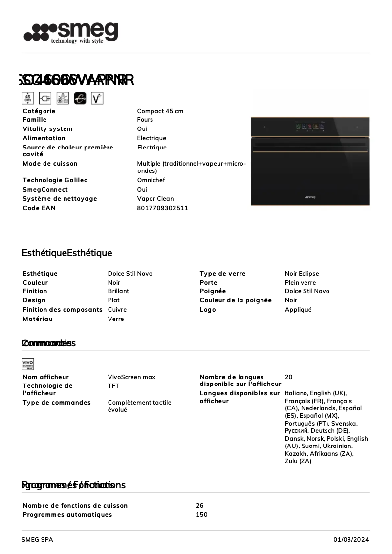 Page n°1 - Fiche technique Smeg SO4606WAPNR