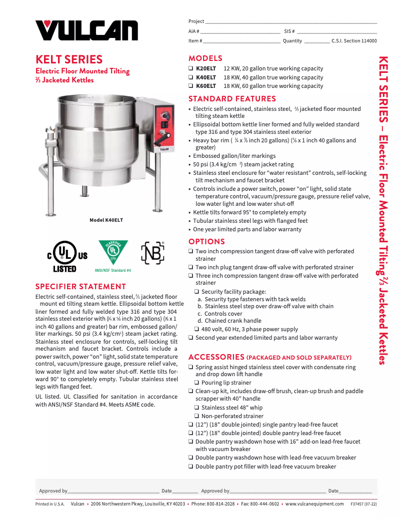 Page 1 de la notice Fiche technique Vulcan K20ELT