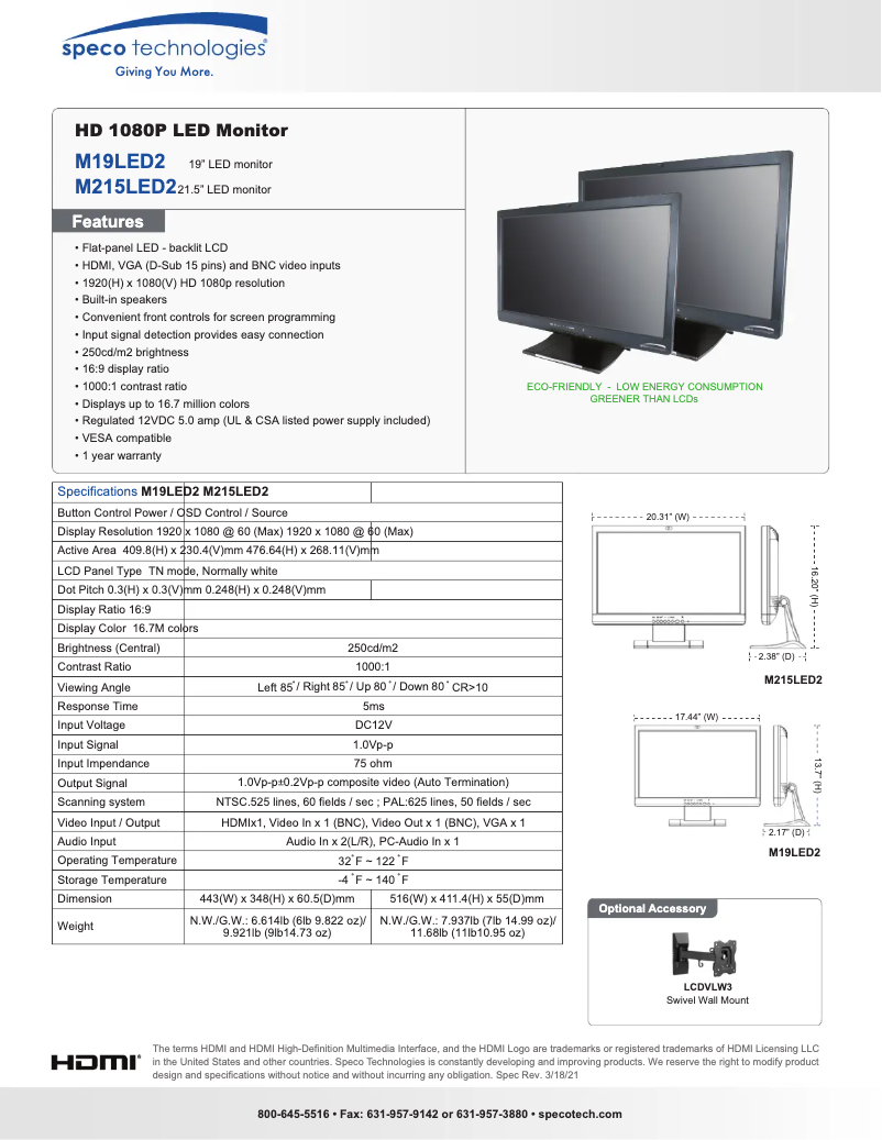 Page 1 de la notice Fiche technique Speco Technologies M19LED2