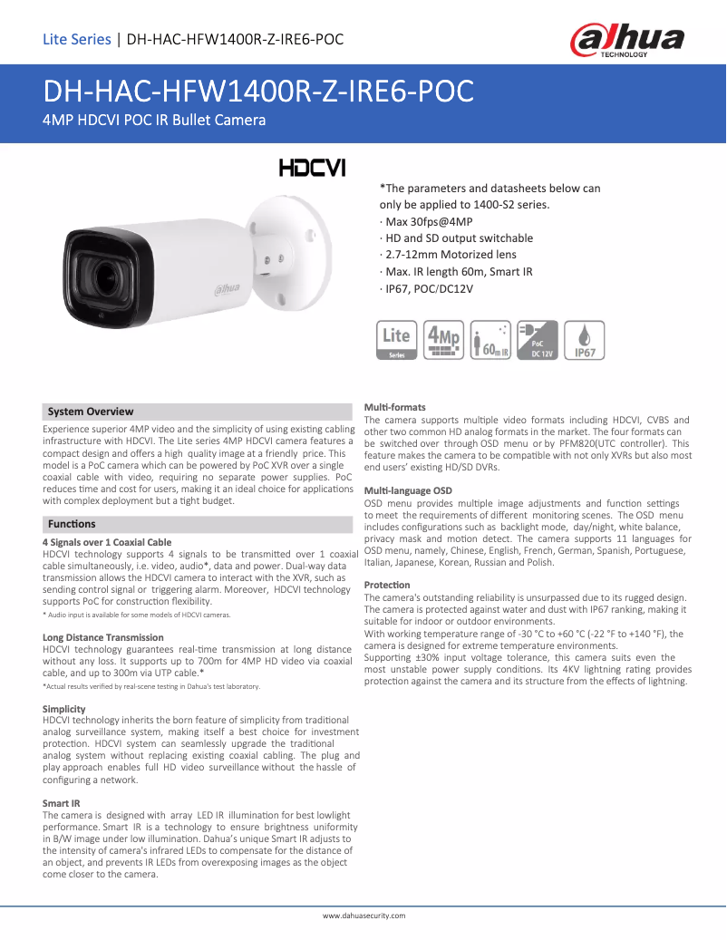 Image de la première page du manuel de l'appareil HAC-HFW1400R-Z-IRE6-POC