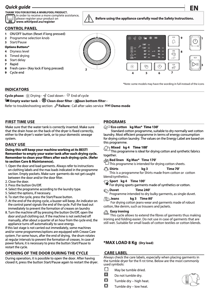 Page 1 de la notice Manuel utilisateur Whirlpool FT CM10 8B