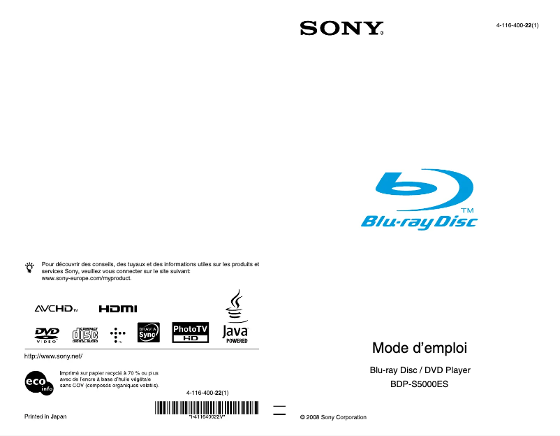 Page 1 de la notice Manuel utilisateur Sony BDP-S5000ES