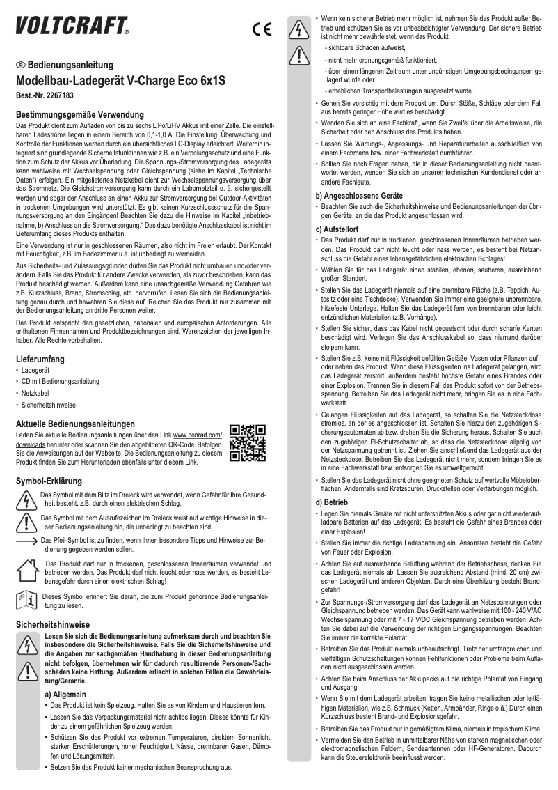 Page 1 de la notice Manuel utilisateur Voltcraft V-Charge Eco 6x1S