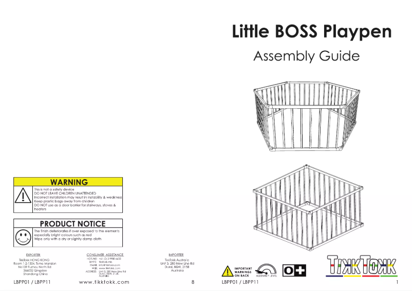 Page 1 de la notice Manuel utilisateur TikkTokk Little Boss Playpen