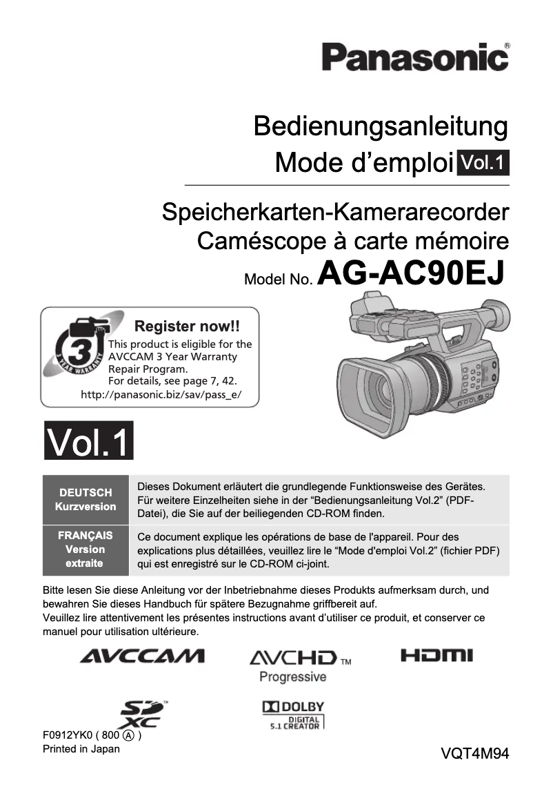 Page 1 de la notice Manuel utilisateur Panasonic AG-AC90EJ