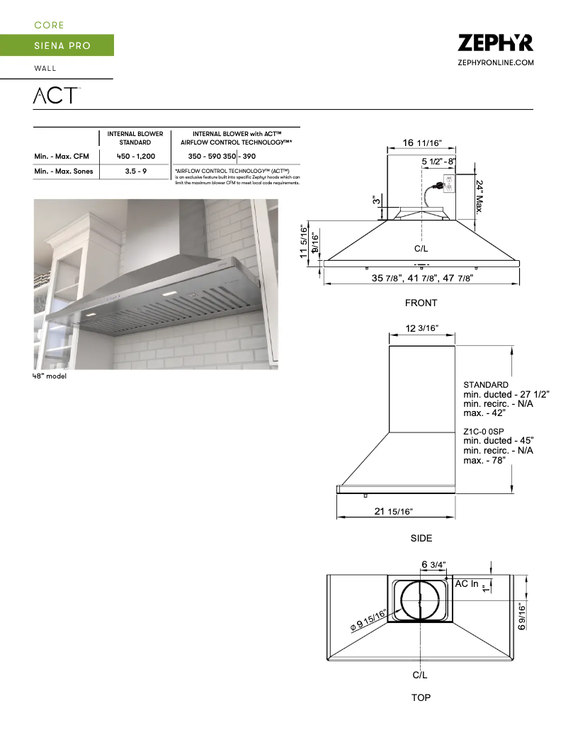 Page 1 de la notice Fiche technique Zephyr Siena Pro ZSP-E48CS