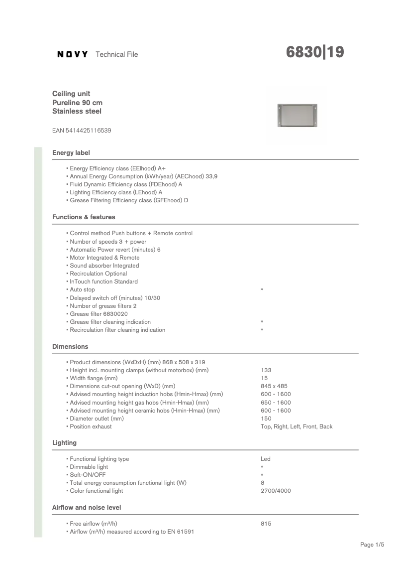 Page 1 de la notice Fiche technique Novy Pure'line 6830