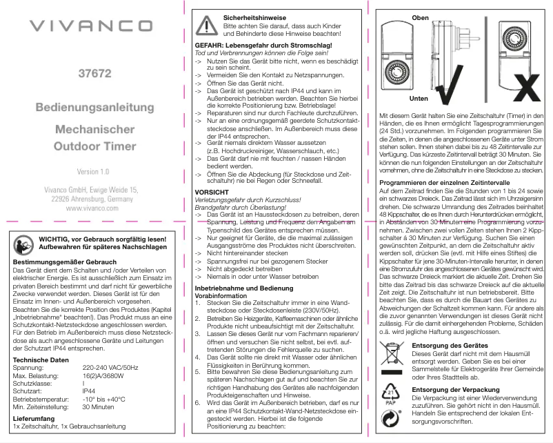 Page n°1 - Manuel utilisateur Vivanco T24 IP44