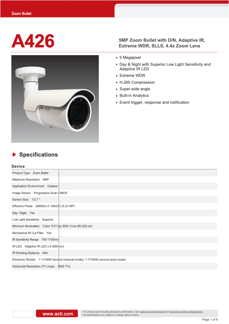 Page n°1 - Fiche technique ACTi A426