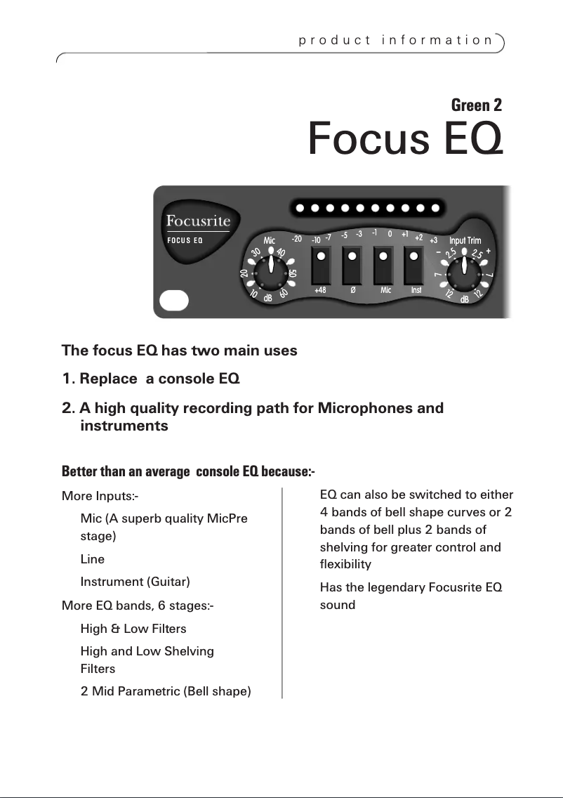 Page 1 de la notice Manuel utilisateur Focusrite Green 2 Focus EQ