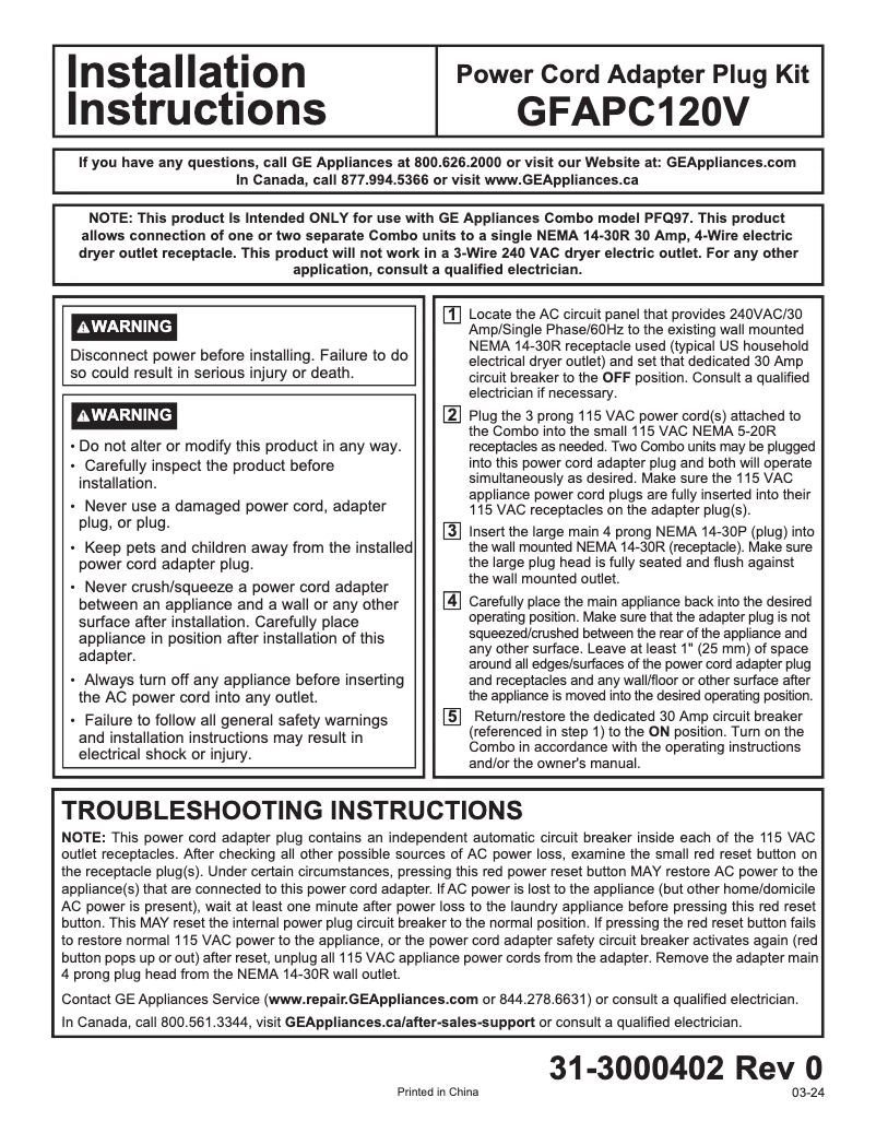 Page 1 de la notice Manuel utilisateur GE GFAPC120V