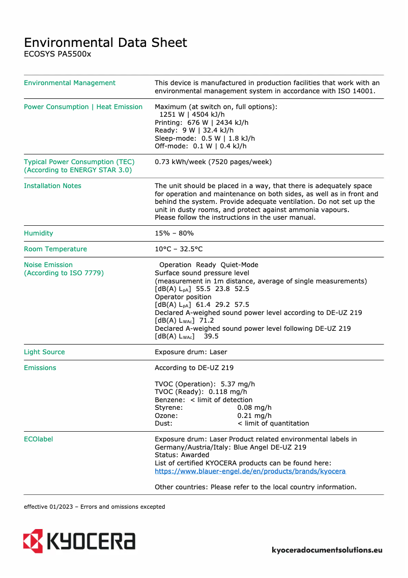 Page 1 de la notice Fiche technique Kyocera ECOSYS PA5500x