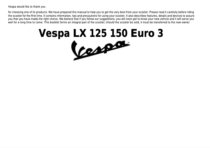 Page 1 de la notice Manuel utilisateur Vespa LX 125 150 Euro 3 (2007)