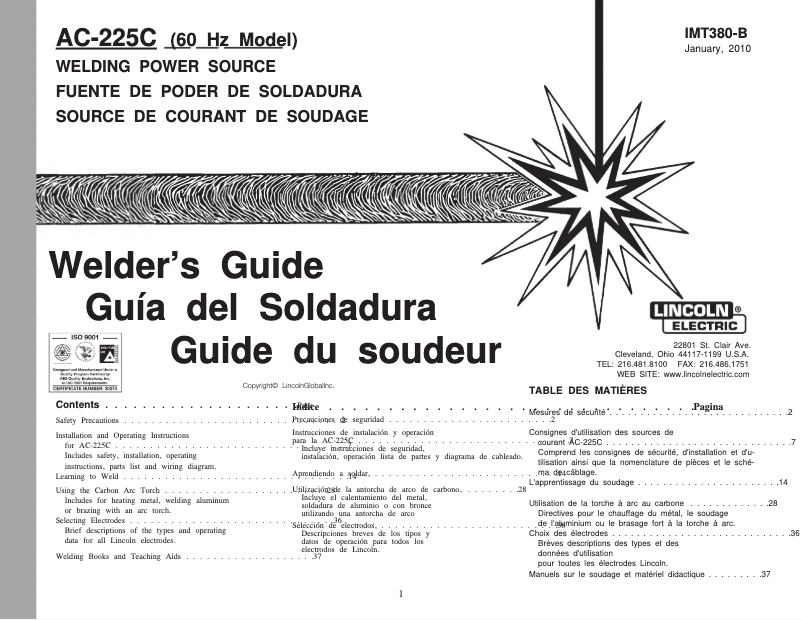Página 1 del manual Manual de usuario Lincoln Electric AC-225C