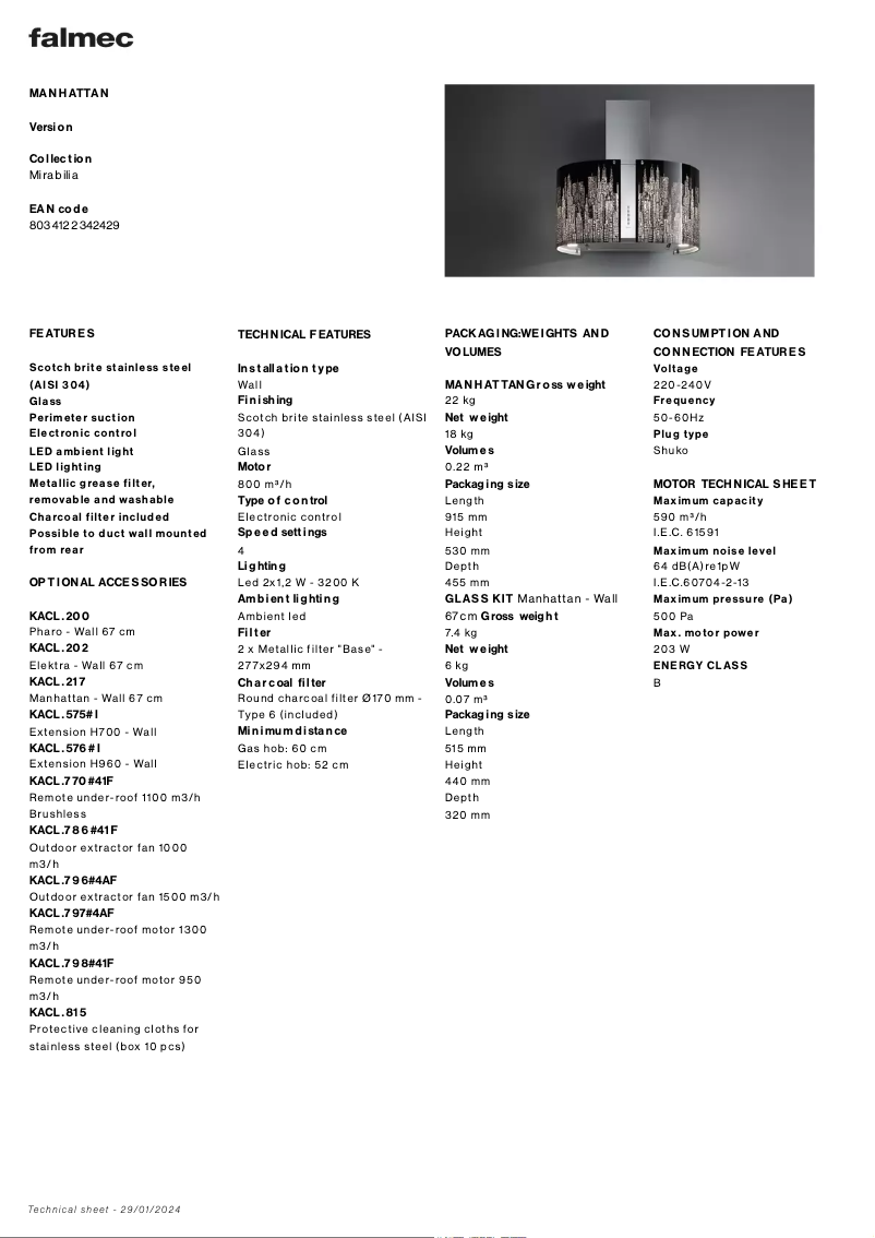 Page 1 de la notice Fiche technique Falmec Manhattan