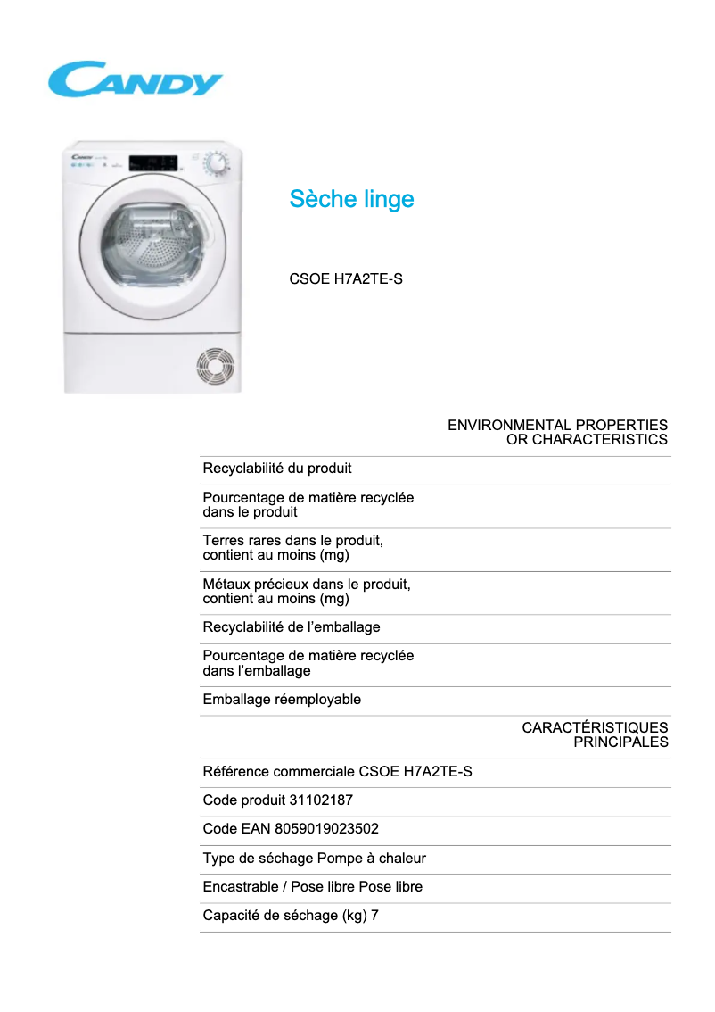 Page 1 de la notice Fiche technique Candy CSOE H7A2TE-S
