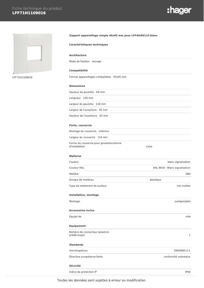 Page n°1 - Fiche technique Hager LFF71H1109016
