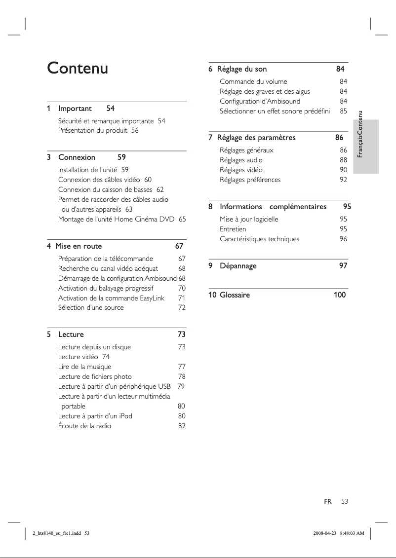 Page 1 de la notice Manuel utilisateur Philips HTS5120