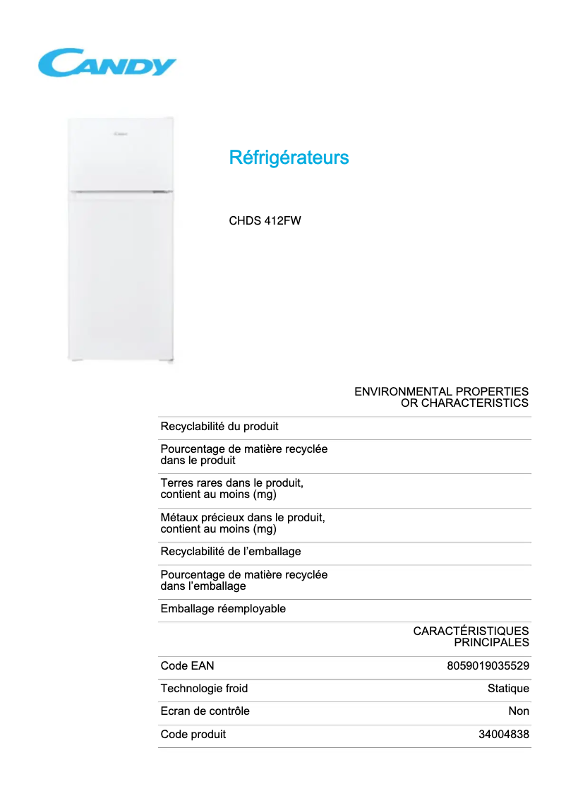 Page 1 de la notice Fiche technique Candy CHDS 412FW