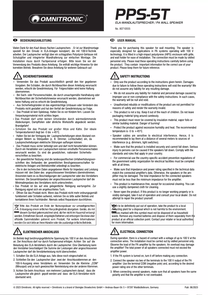 Page n°1 - Manuel utilisateur Omnitronic PPS-5T