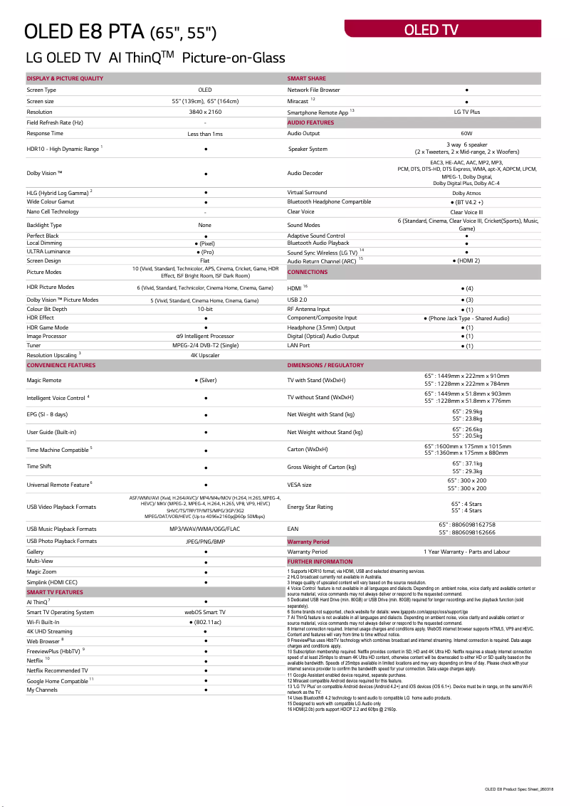 Page 1 de la notice Fiche technique LG OLED55E8PTA