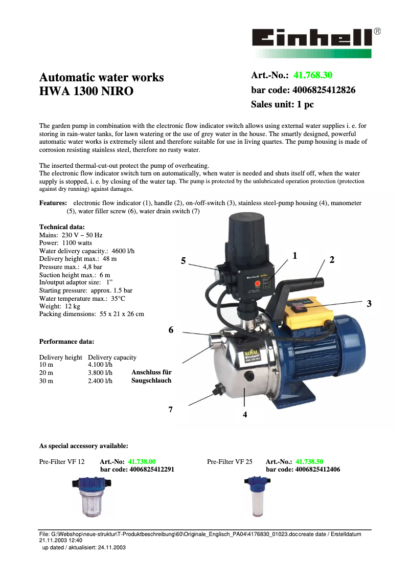 Page 1 de la notice Fiche technique Einhell Royal HWA 1300 Niro