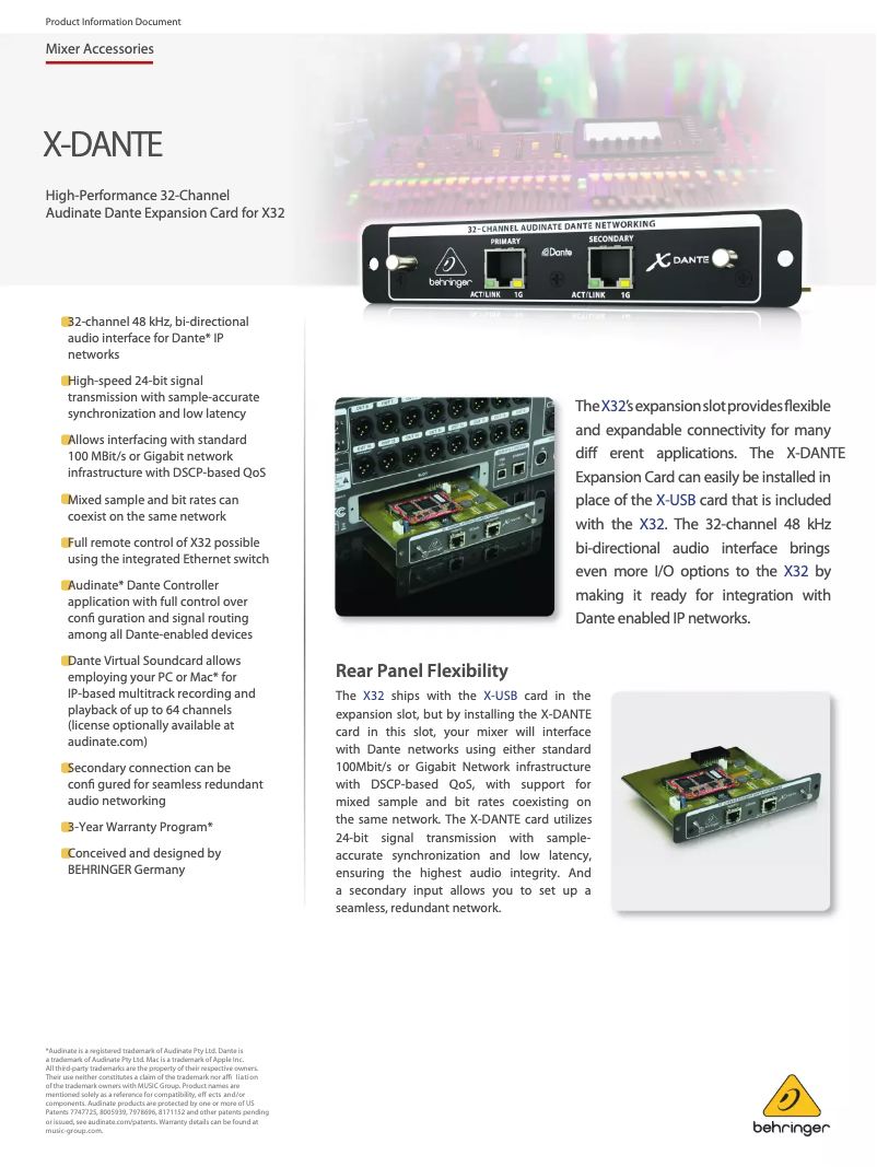 Page 1 de la notice Fiche technique Behringer X-DANTE