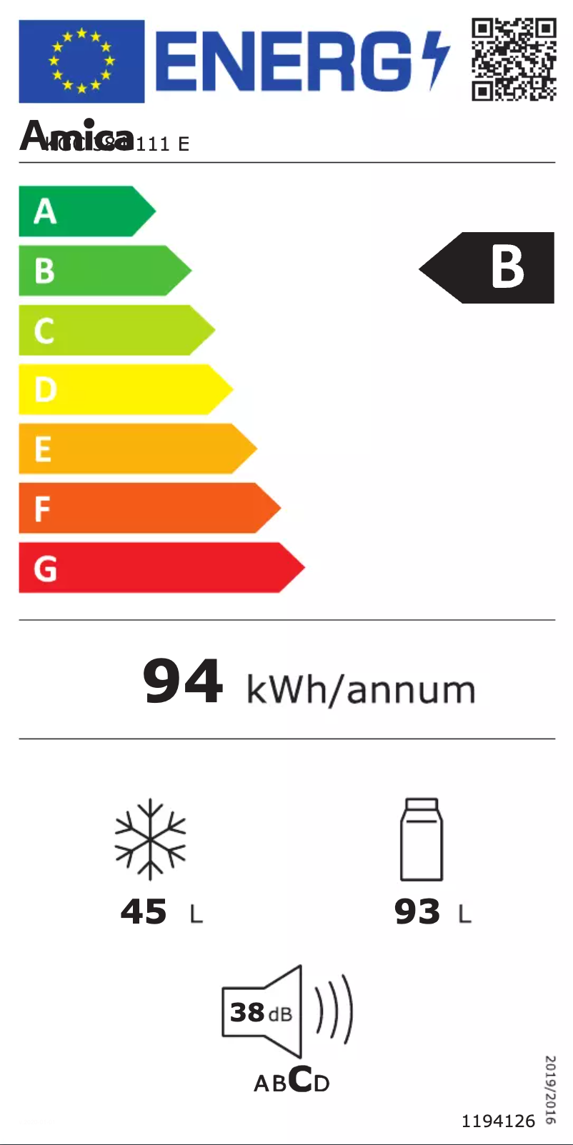 Page 1 de la notice Label énergétique Amica KGC 384 111 E