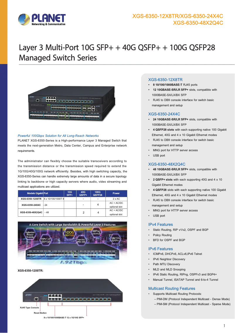 Page 1 de la notice Fiche technique Planet XGS-6350-12X8TR