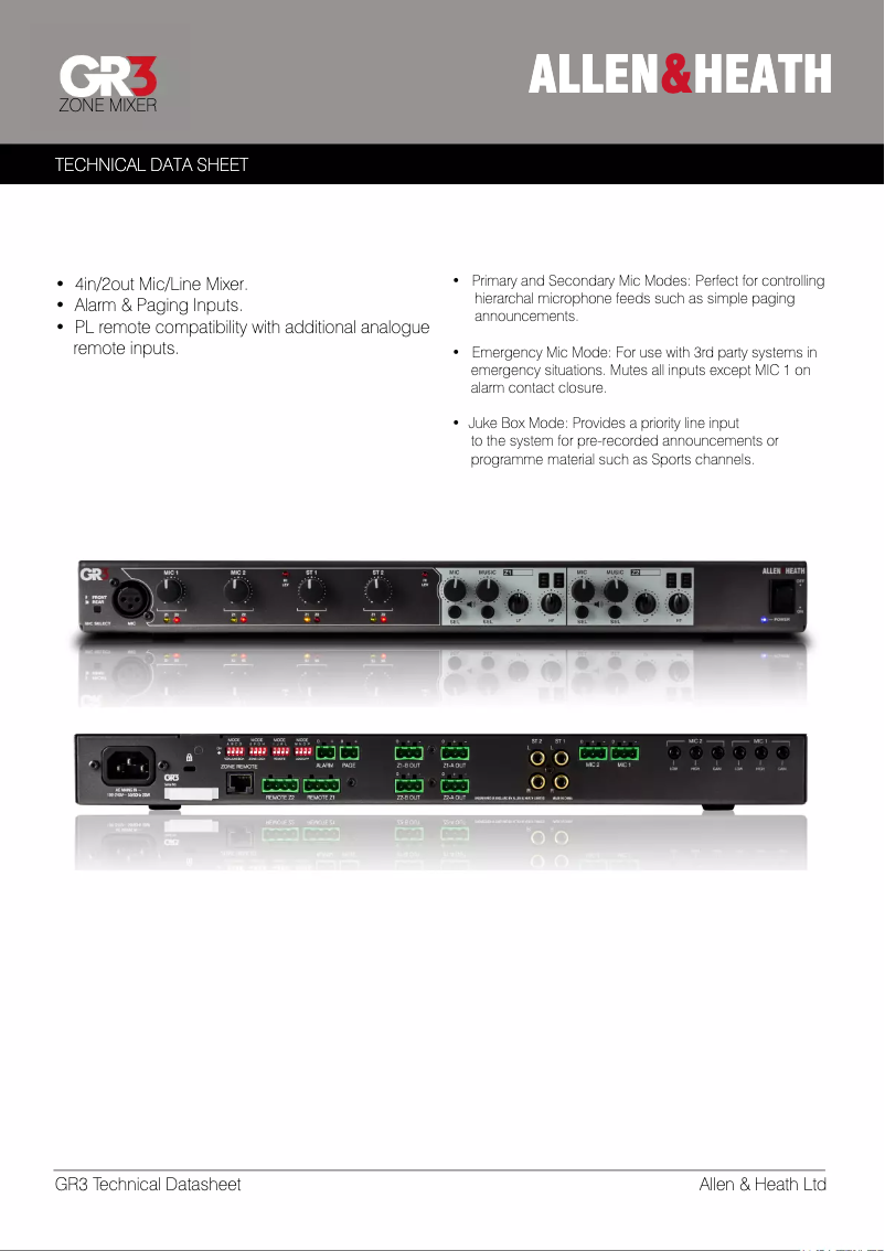 Page 1 de la notice Fiche technique Allen & Heath GR3