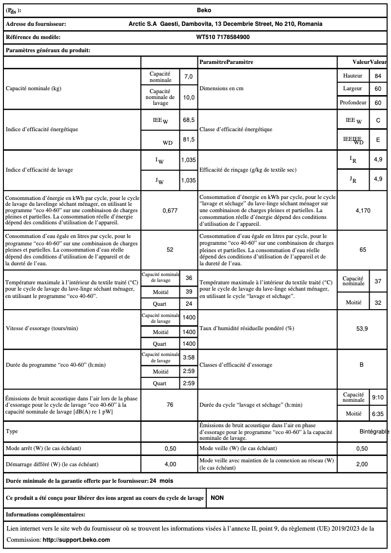 Page 1 de la notice Fiche technique Beko WT510